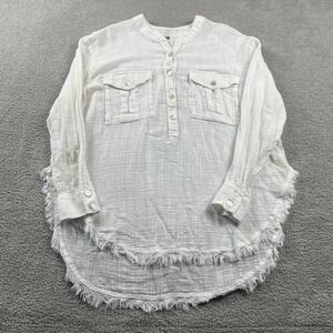 Free People Coastal Resort wear Gauze Tunic Top Small Frayed Hem Henley Beachy